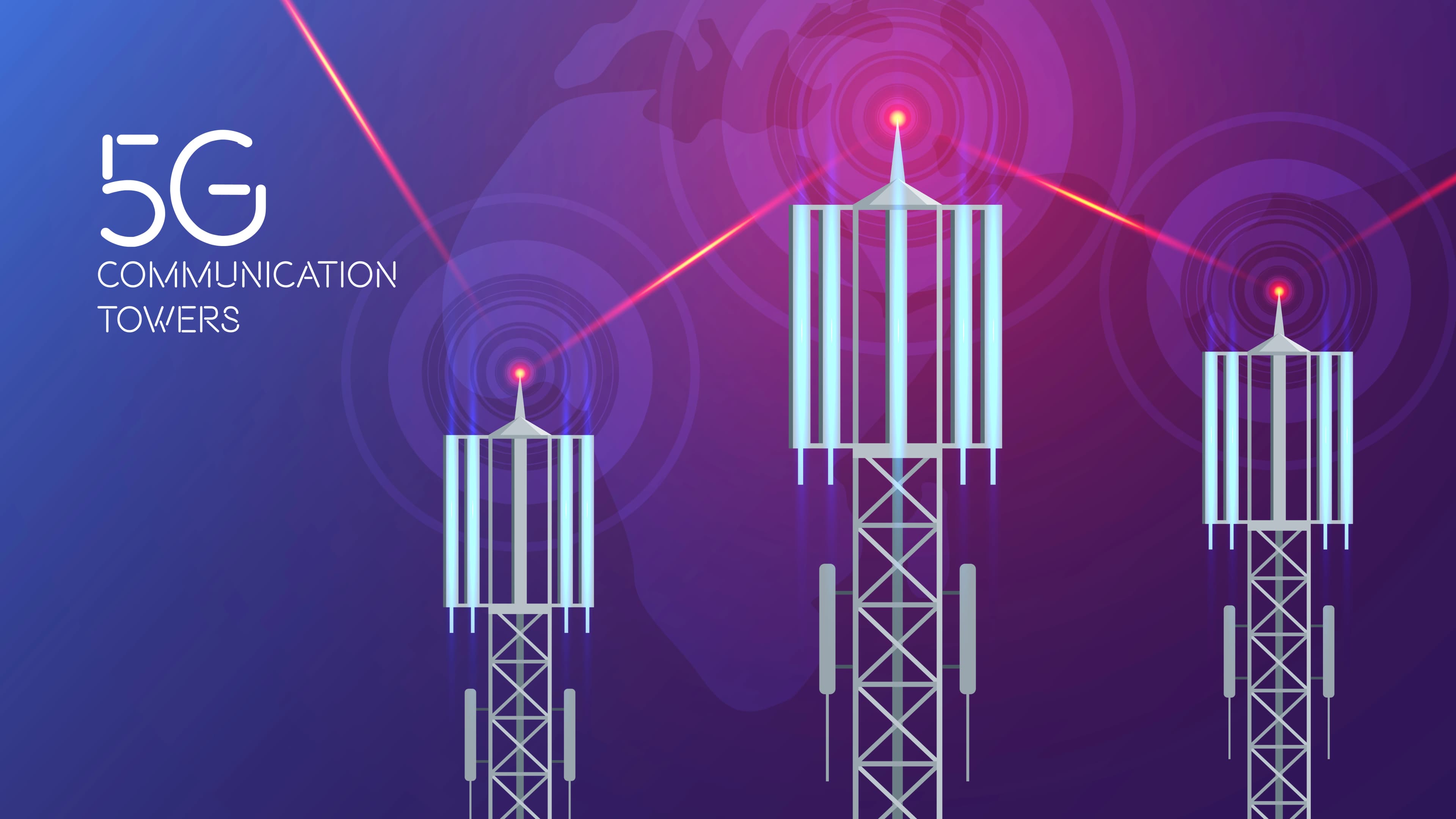 Connected 5G communication towers transmitting across a wide network