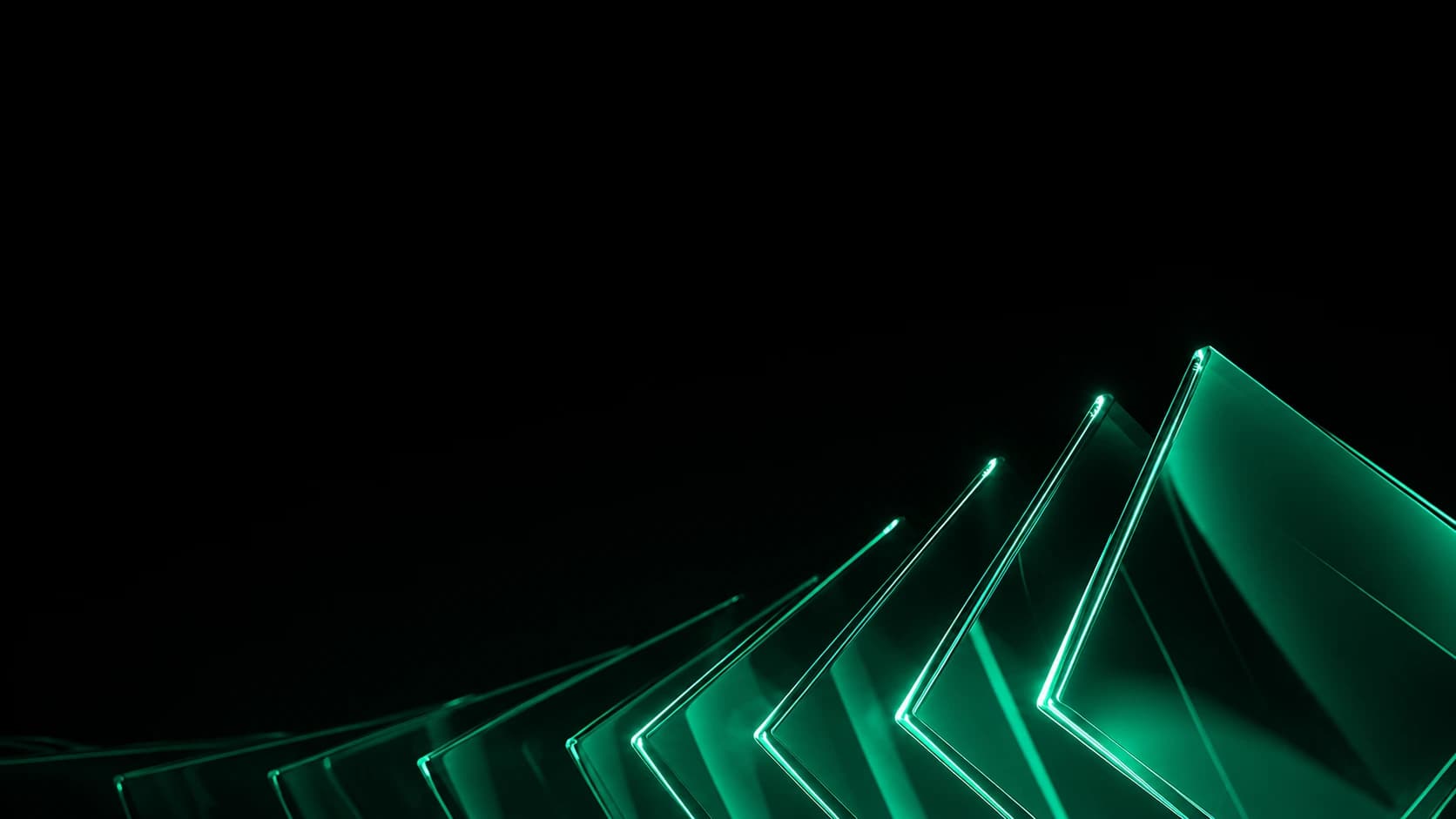 Abstract green glass forms rising through a dark space